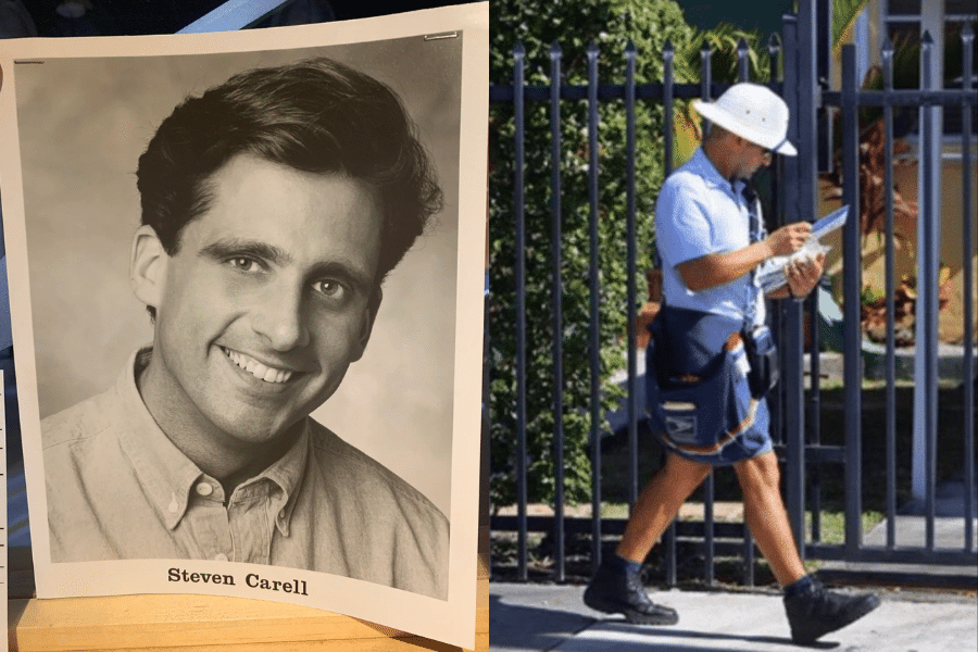 Split image: A vintage black-and-white portrait of a smiling man on the left, labeled "Steven Carell," and on the right, a modern photo of a mail carrier walking outdoors.