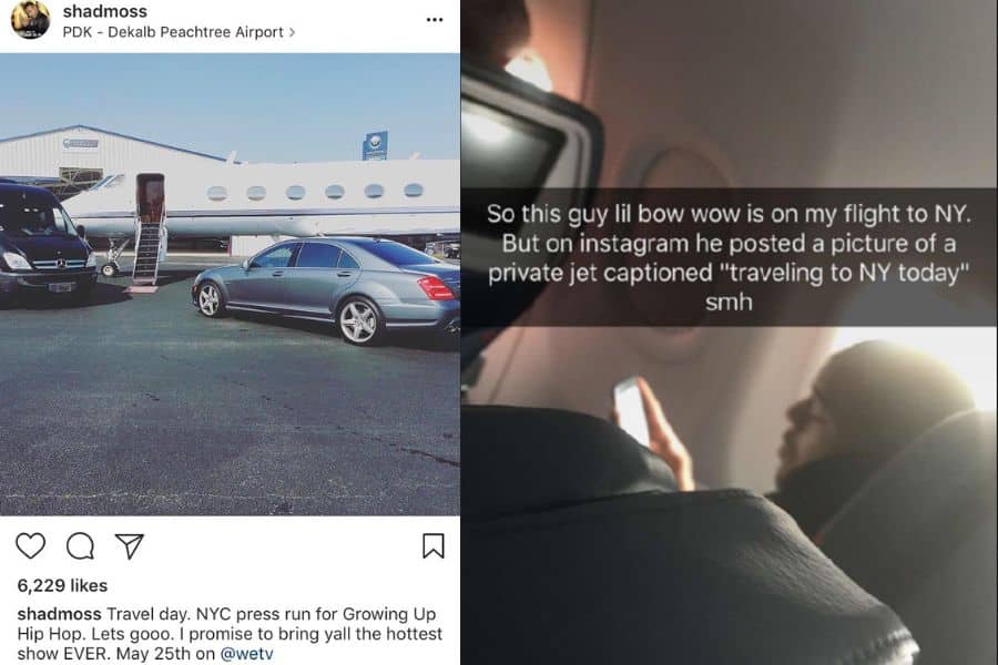 Split image: On the left, an Instagram post shows a private jet and cars at an airport with a caption about traveling. On the right, a Snapchat post reveals someone on a commercial flight, commenting on the Instagram post's authenticity.