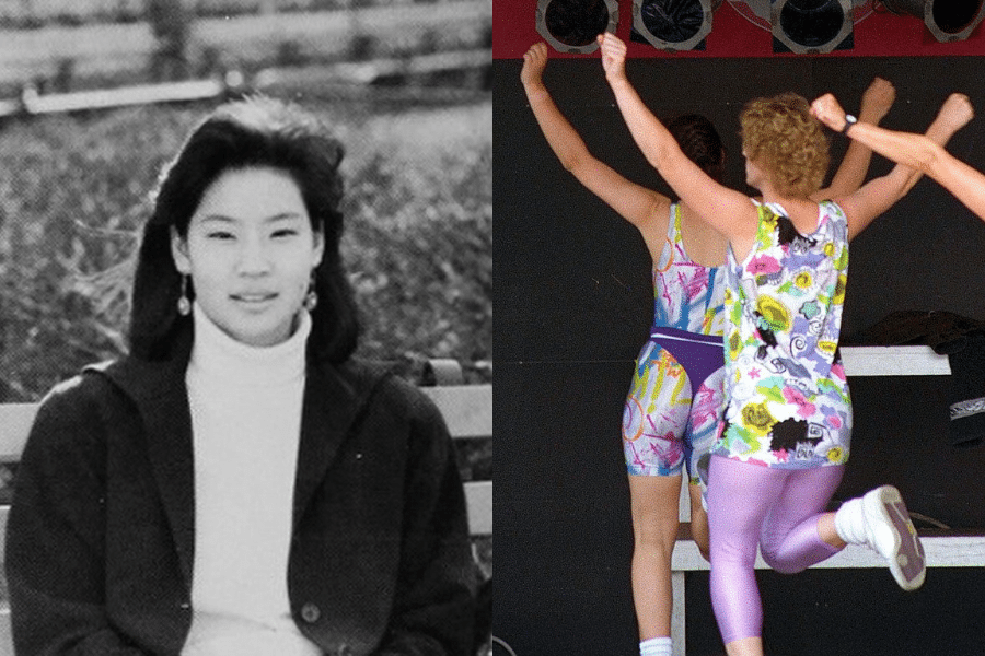 Split image: On the left, a black-and-white photo of a woman on a bench wearing a turtleneck sweater. On the right, a vibrant scene of people in colorful exercise gear, arms raised energetically.