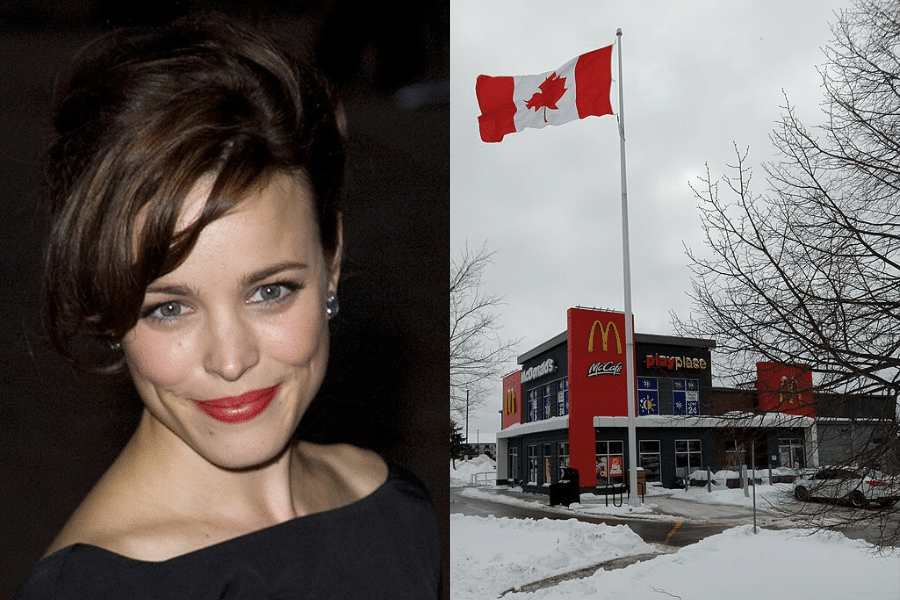 A split image: left shows a smiling woman with short brown hair and red lipstick; right displays a McDonald's with a large Canadian flag, snowy ground, and bare trees.