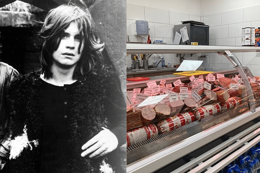 Split image: On the left, a black-and-white image of a young person with long hair. On the right, a colorful deli counter filled with various sausages and meats.
