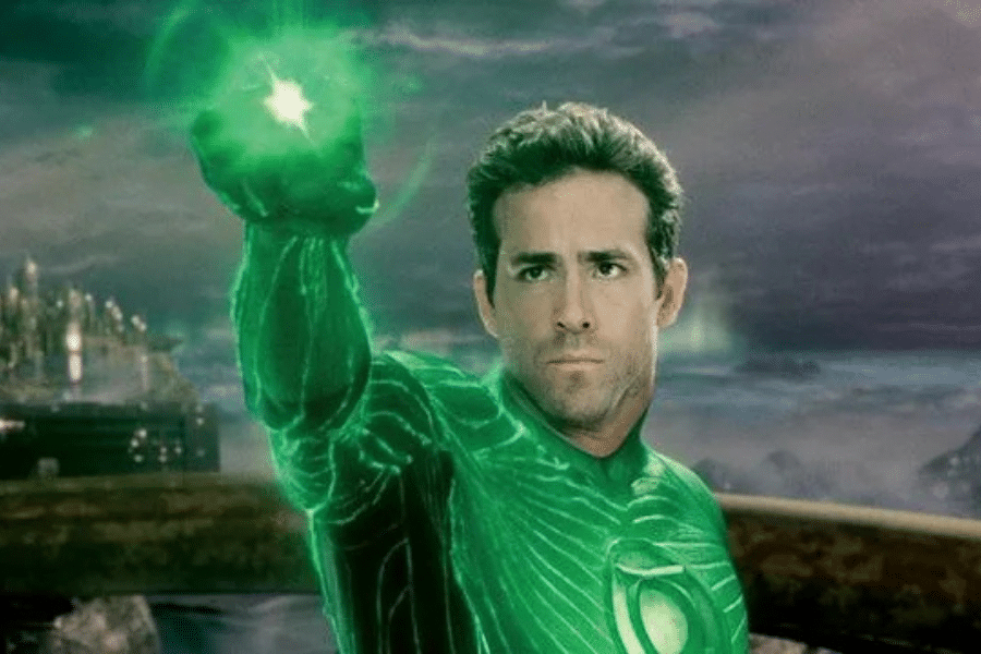 A superhero in a glowing green suit with a determined expression, extends a fist emitting green energy, set against a cloudy, futuristic backdrop.