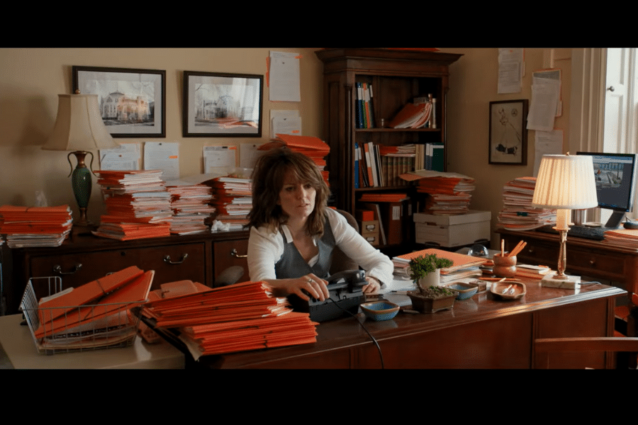 A woman sits at a cluttered wooden desk in an office, surrounded by piles of orange folders and papers. The room is warmly lit, conveying a busy atmosphere.