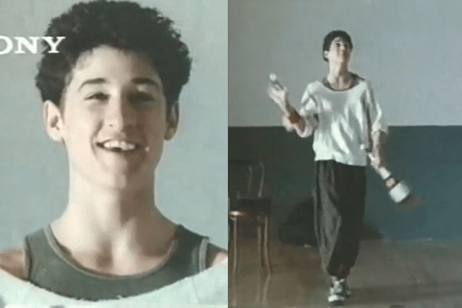 Split image: Young person smiling on the left, wearing a tank top. On the right, same person juggling clubs in a spacious room with a chair in the background.