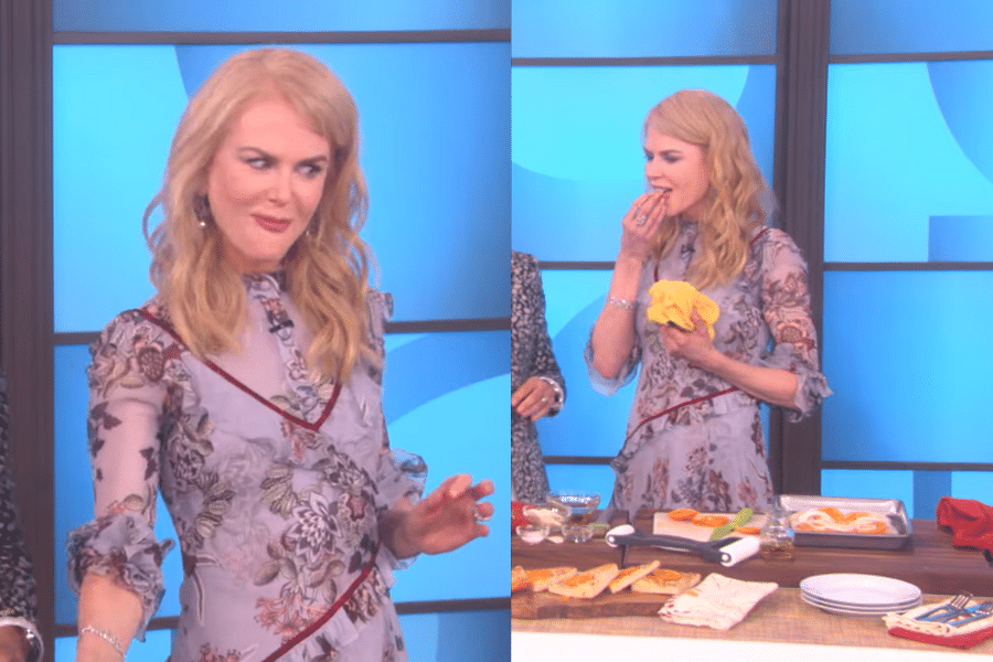 Two images show a woman in a floral dress on a talk show set. She makes a playful face in the first image and samples food with a smile in the second.
