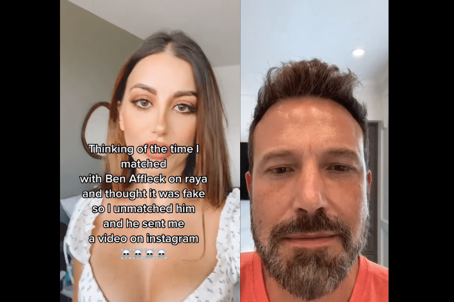 Two-panel image: On the left, a woman with long brown hair and a focused expression, text overlaying her image "Thinking of the time I matched with Ben Afflech on raya and thought it was fake so I unmatched him and he sent me a video on instagram (four skull emojis). On the right, a bearded man in a selfie, neutral expression.