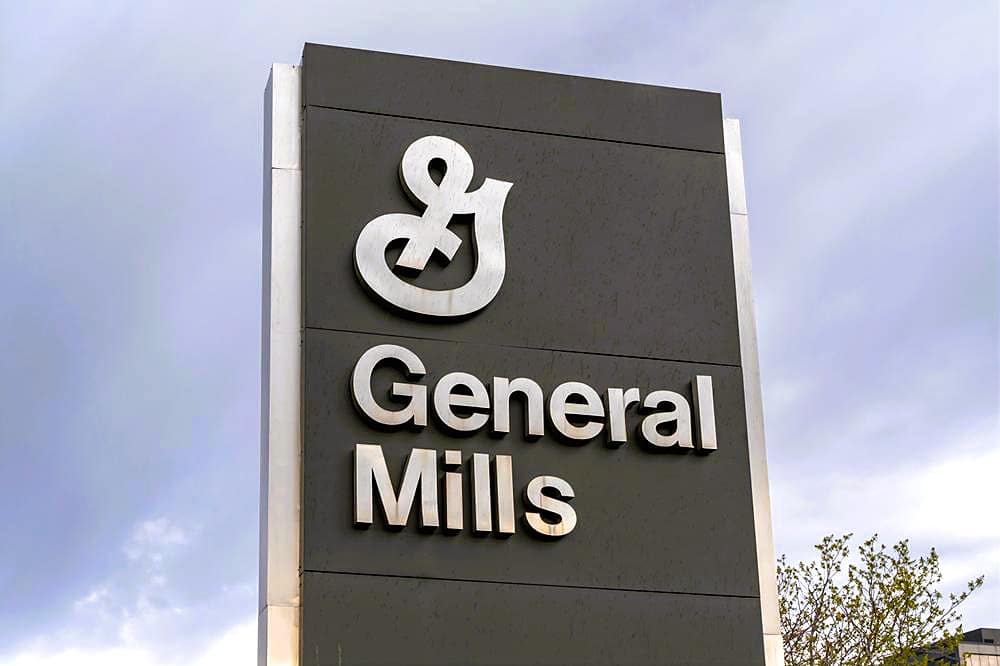 General Mills logo sign at the headquarters in Minneapolis, Minnesota, USA, May 5, 2023. General Mills is an American multinational manufacturer and marketer of branded processed consumer foods.