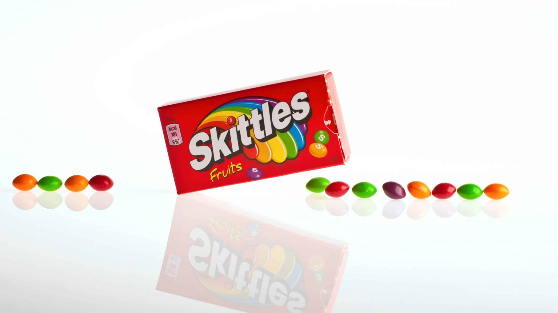 A pack of Skittles candies with bright, multicolored wrappers