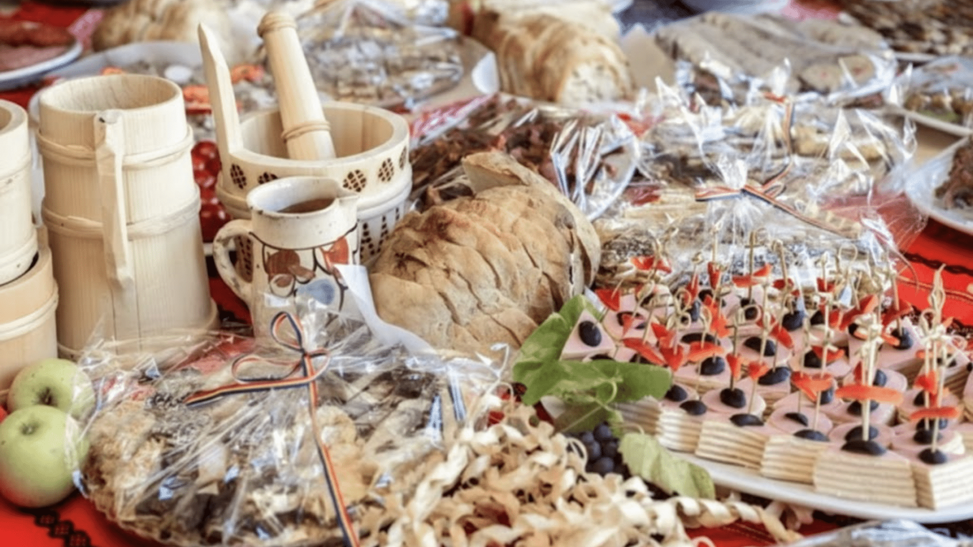 Food items placed on different surfaces during a contamination test.