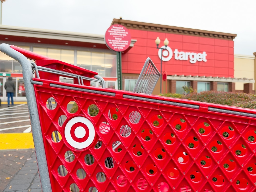 Target shopping cart in front of the store building