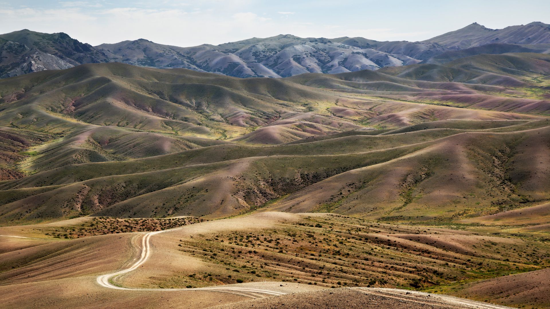 Paved road cutting through the Gobi Desert with flat sand and distant hills