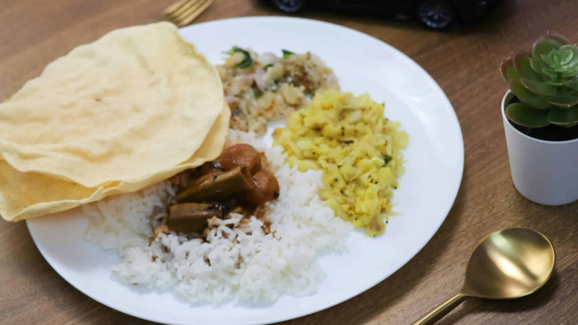 Plate of prepared food served on a table.