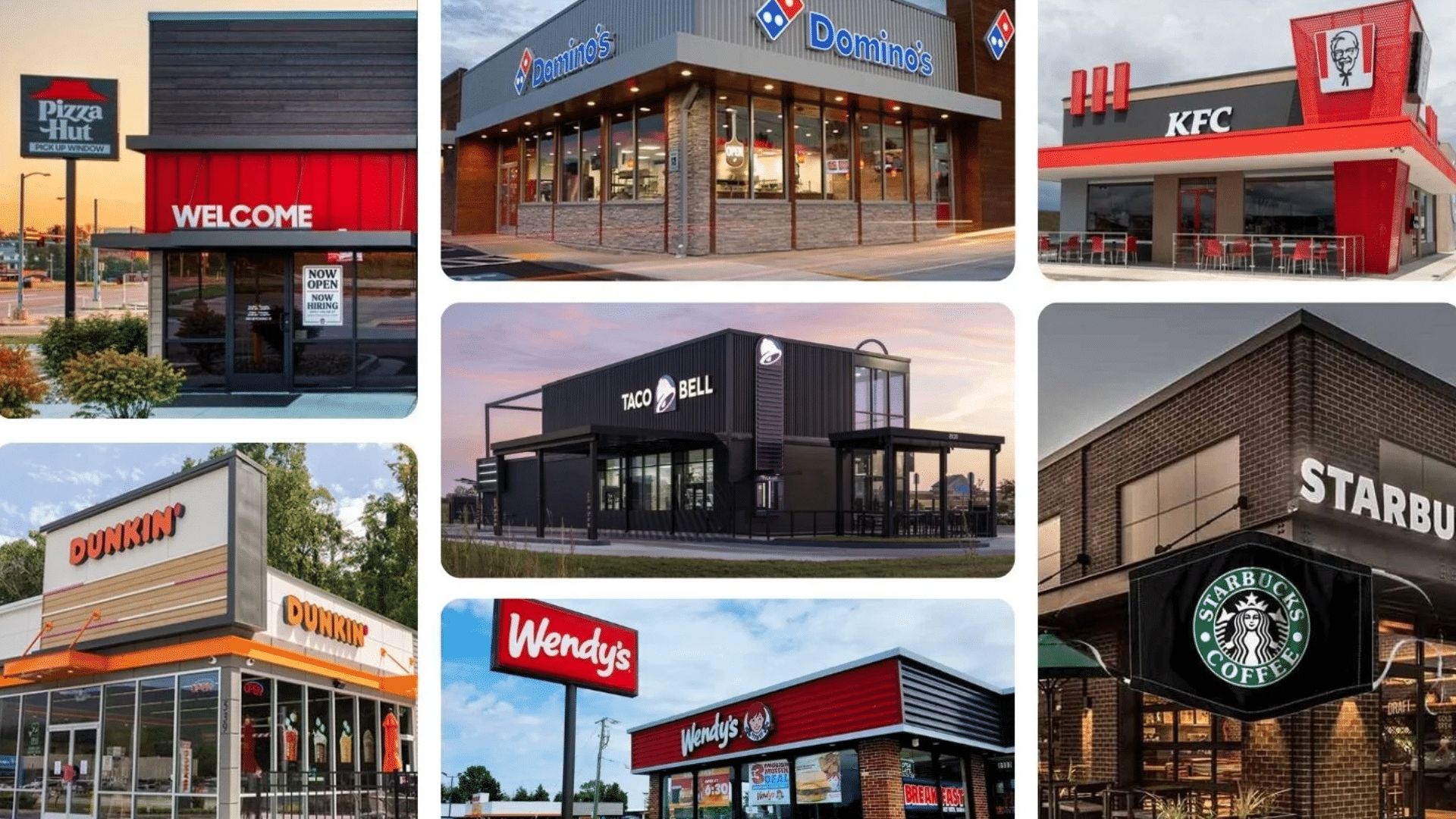 Collage showing storefronts of popular fast food chains like Pizza Hut, Domino’s, Taco Bell, Starbucks, and Wendy’s