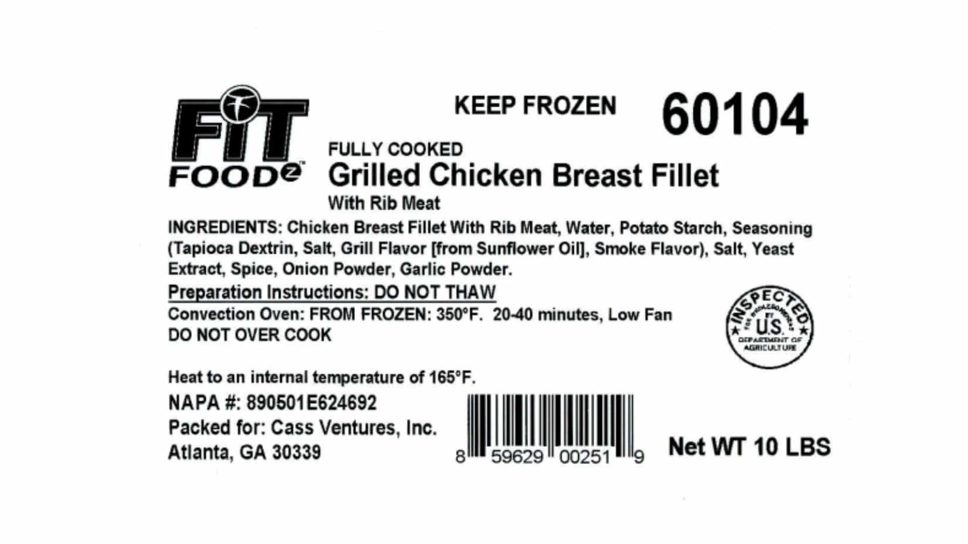 Packaging label showing frozen grilled chicken breast fillet