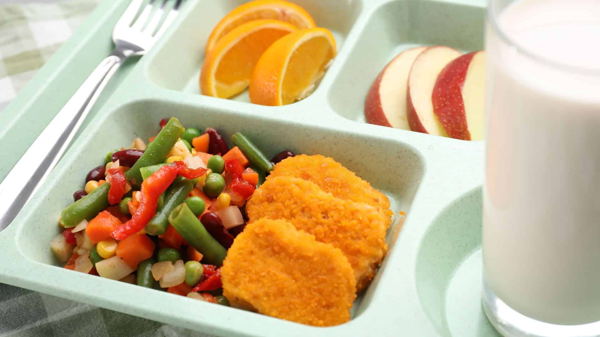 Stock photo of a school lunch on a plastic tray with food, milk and fork