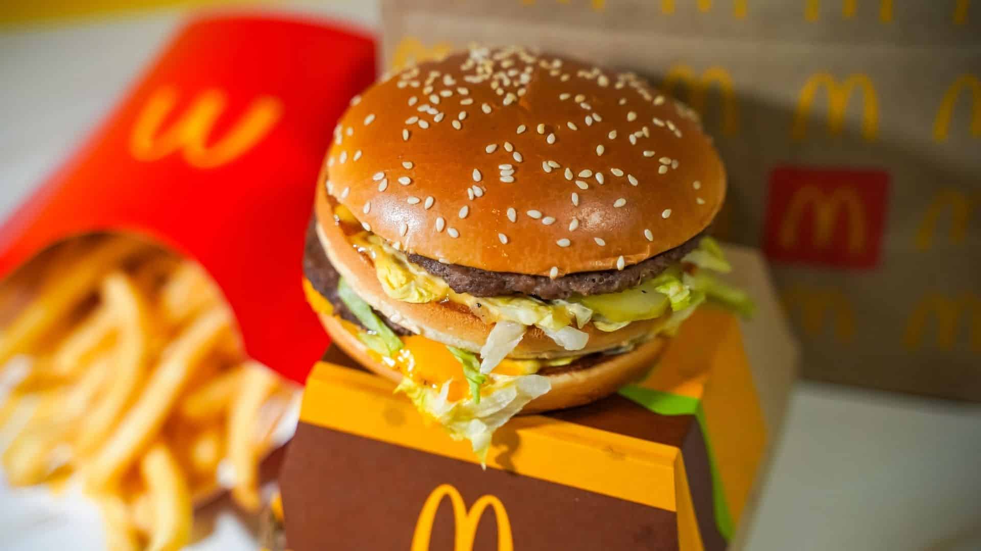 A photo of a Big Mac with fries on the side