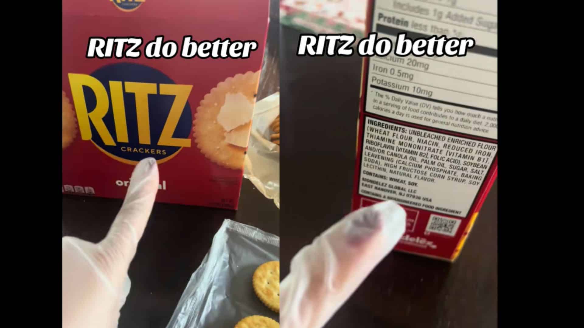 The poster's gloved hand pointing at a box of Ritz Crackers original on the left, and her pointing at the ingredients list on the box on the right