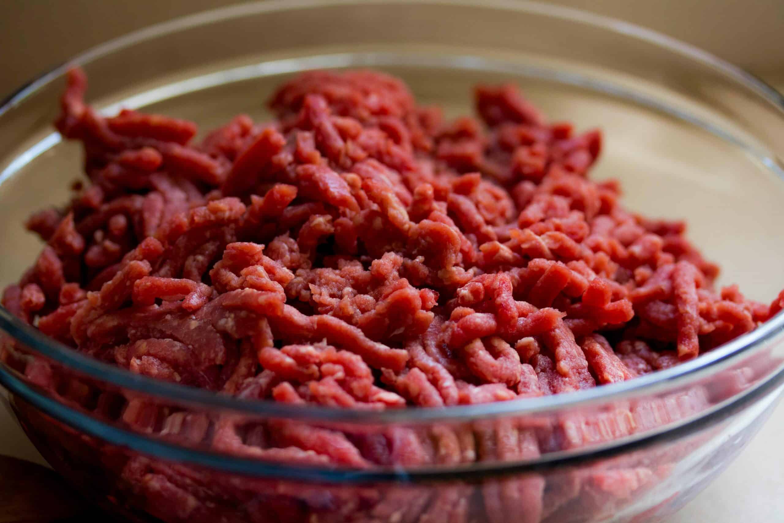 Ground beef on glass bowl