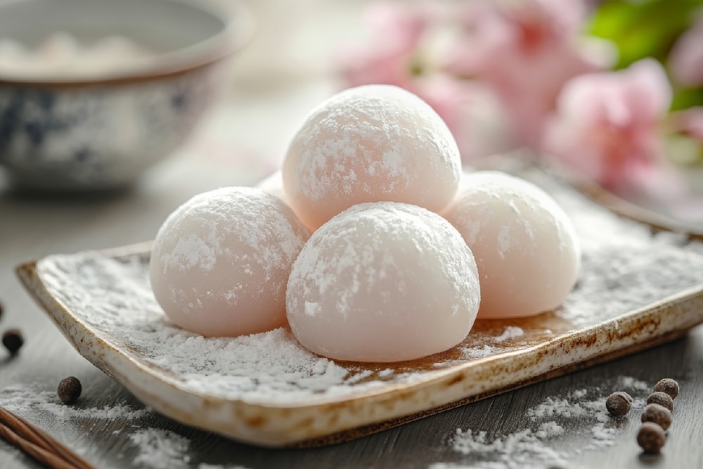 White mochi on wooden plate