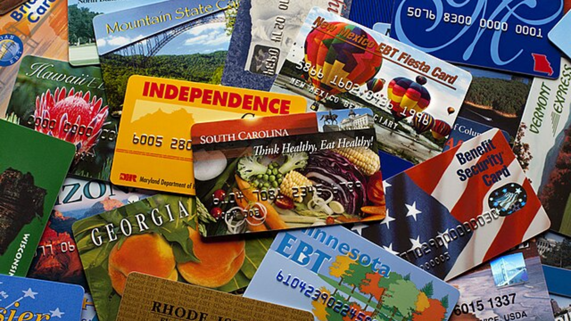A collection of colorful U.S. state EBT and benefit cards.