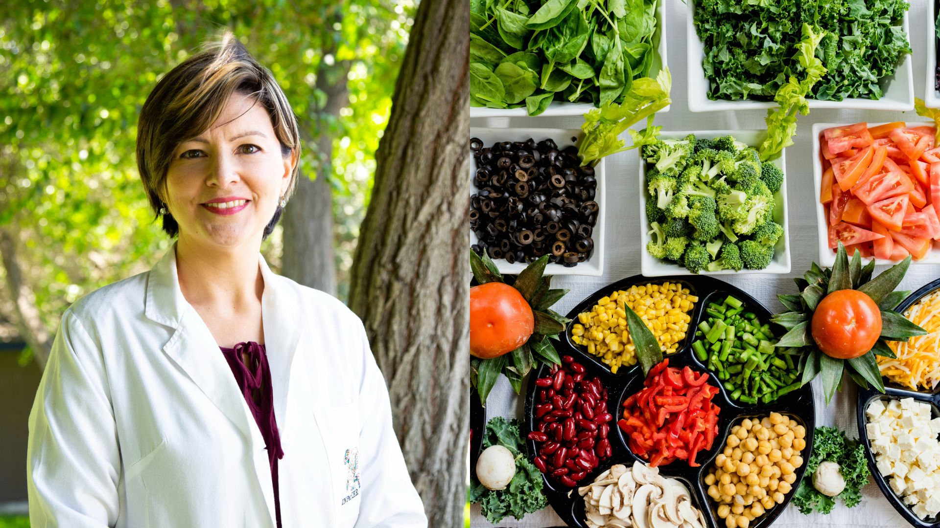 Female doctor standing outdoors next to a close up display of fresh vegetables