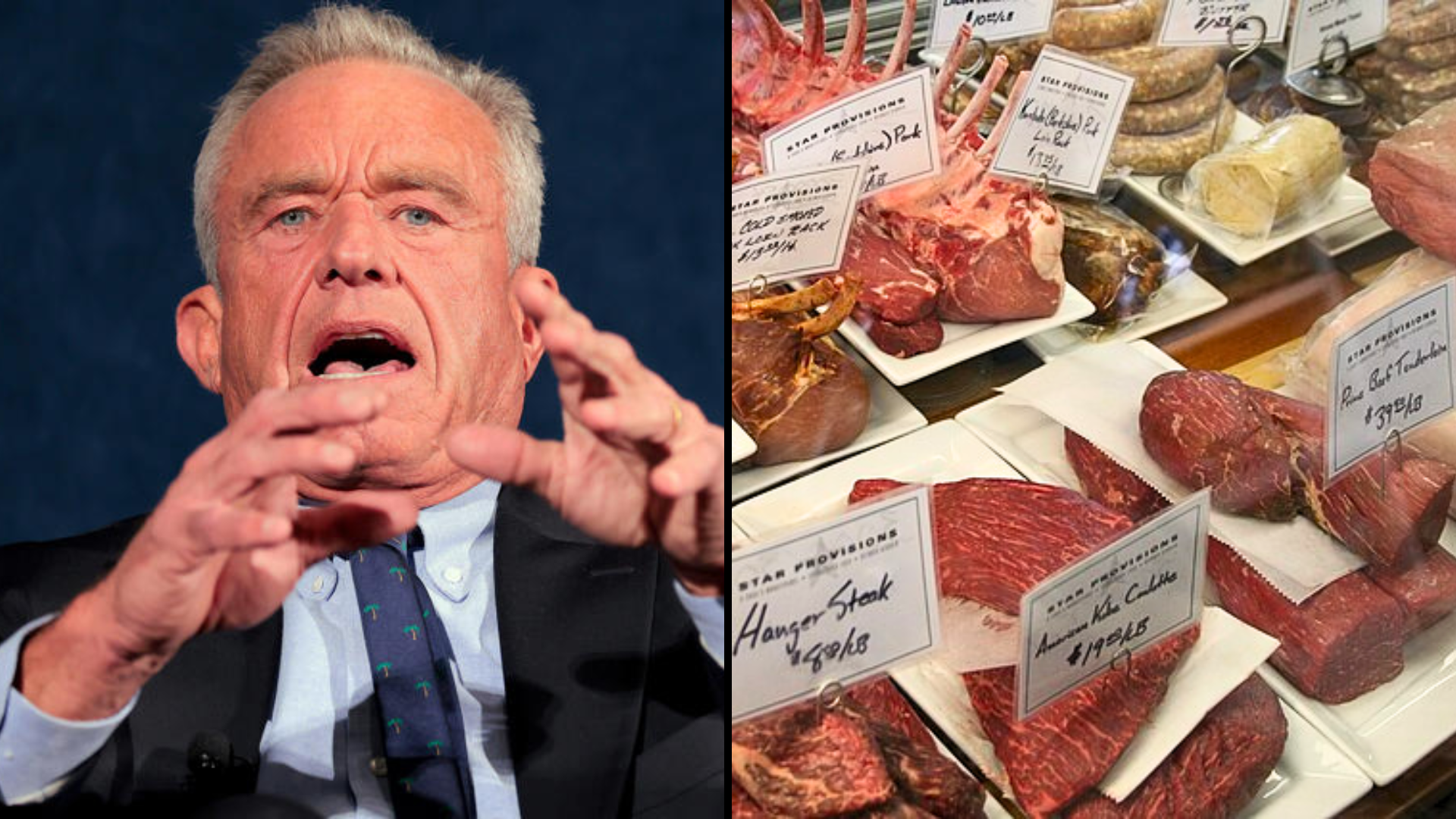 Split image showing a man speaking and a display of various cuts of raw meat.