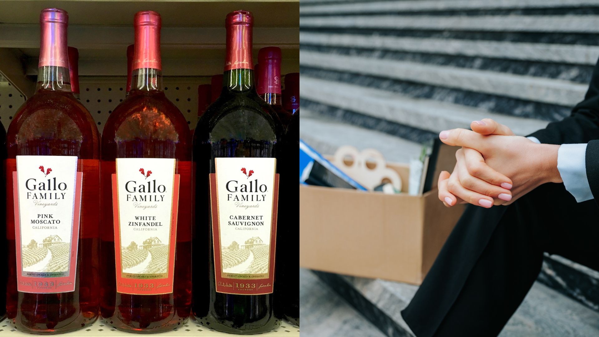 Grocery store shelf stocked with Gallo Family wine bottles alongside a man holding a cardboard box after losing his job