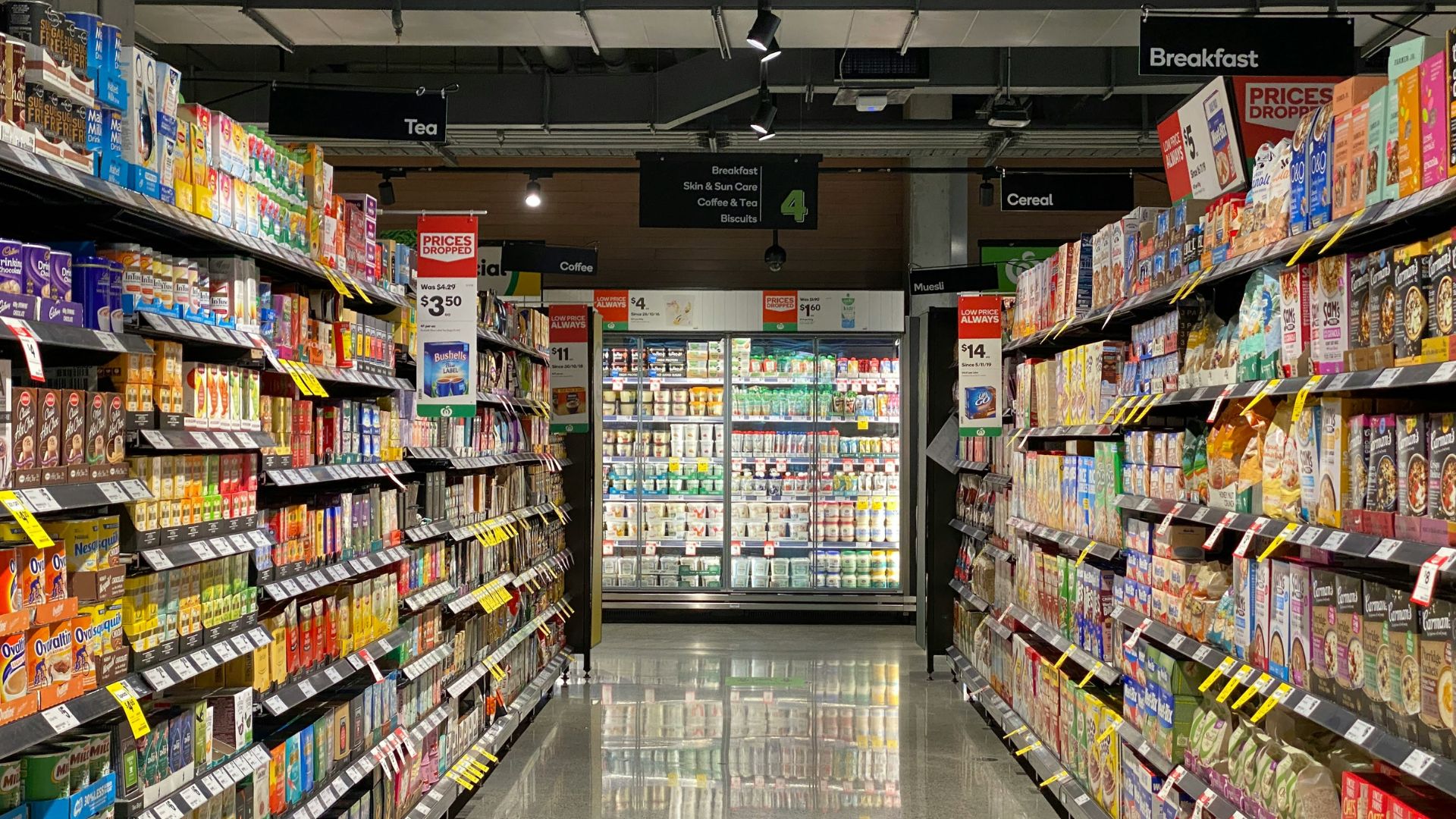 Packaged food items arranged on a grocery store shelf