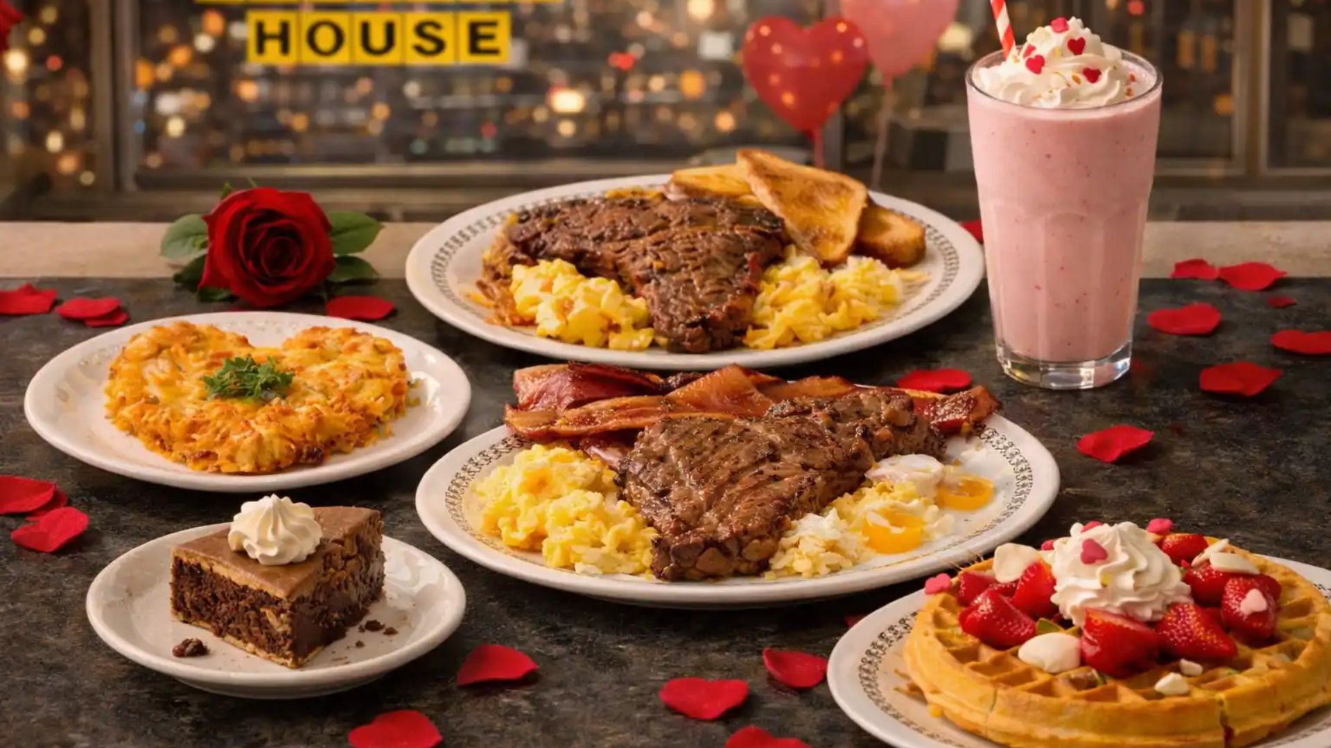 A table spread of Waffle House breakfast and dessert items including waffles topped with strawberries and whipped cream, steak and eggs, hash browns, bacon, toast, and a pink milkshake.