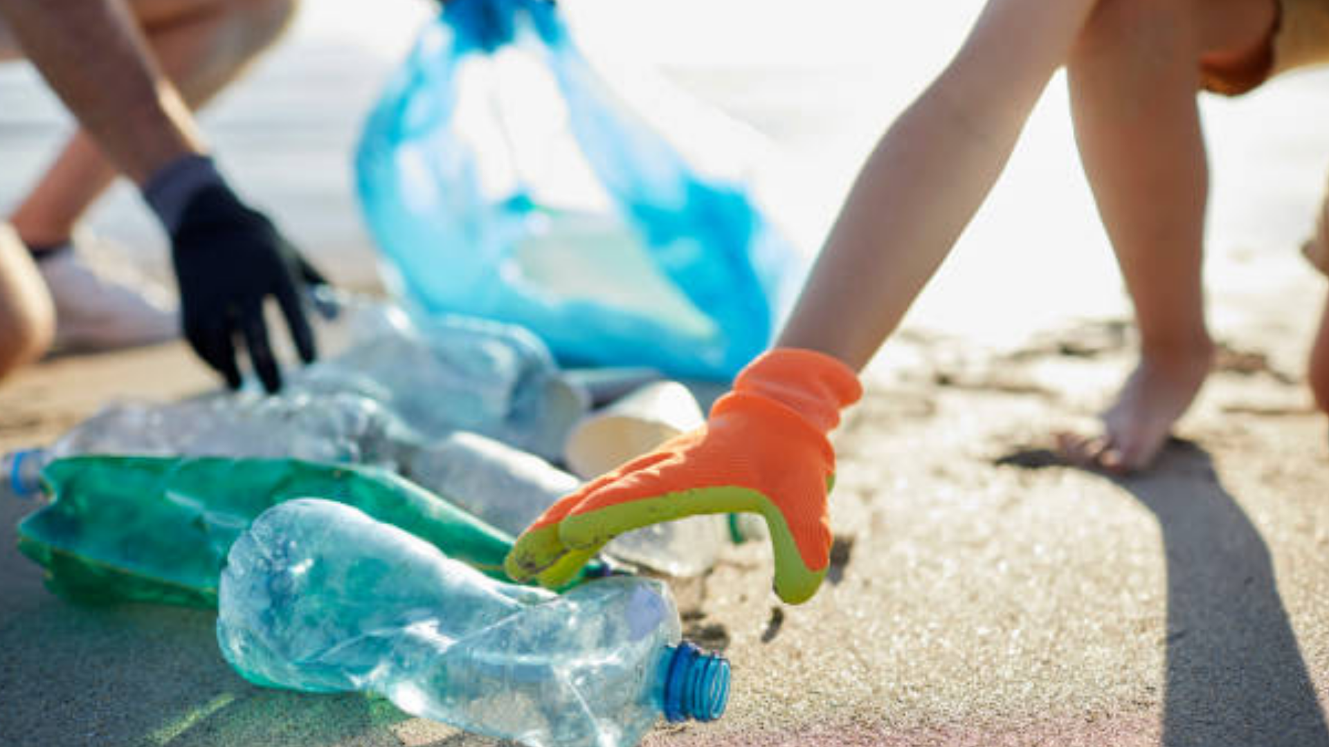 Volunteer wearing gloves collecting plastic bottles during a cleanup.