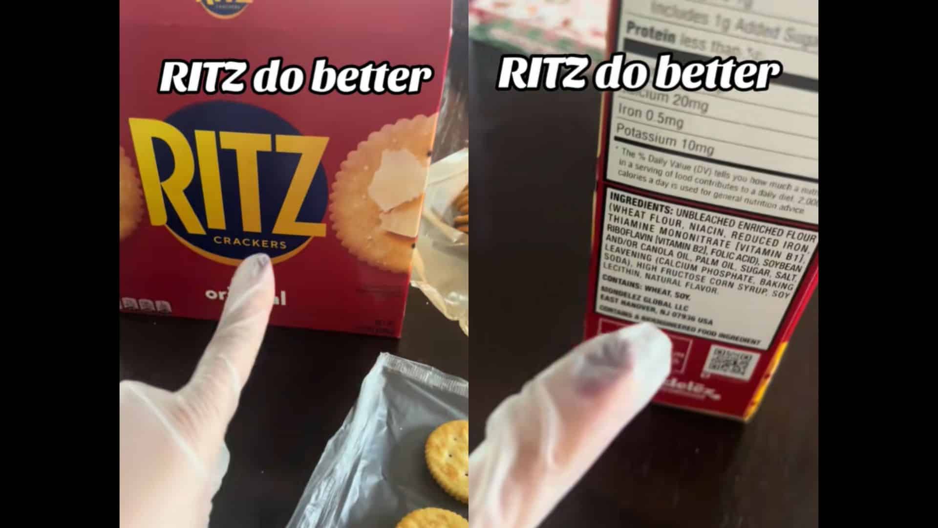 The poster's gloved hand pointing at a box of Ritz Crackers original on the left, and her pointing at the ingredients list on the box on the right