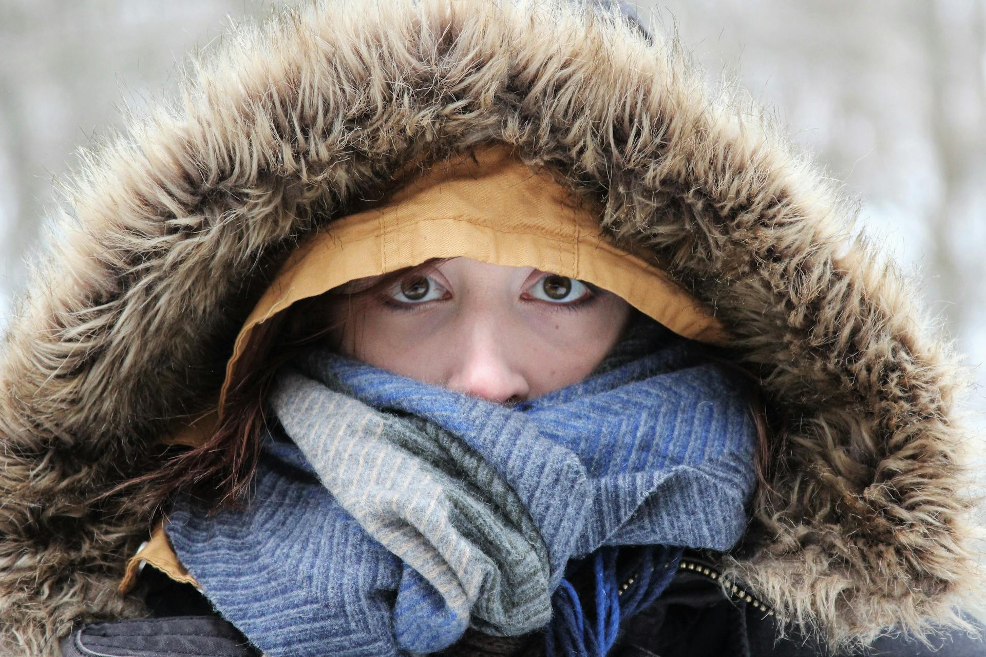 Woman in brown Fur coat and scarf covering half her face