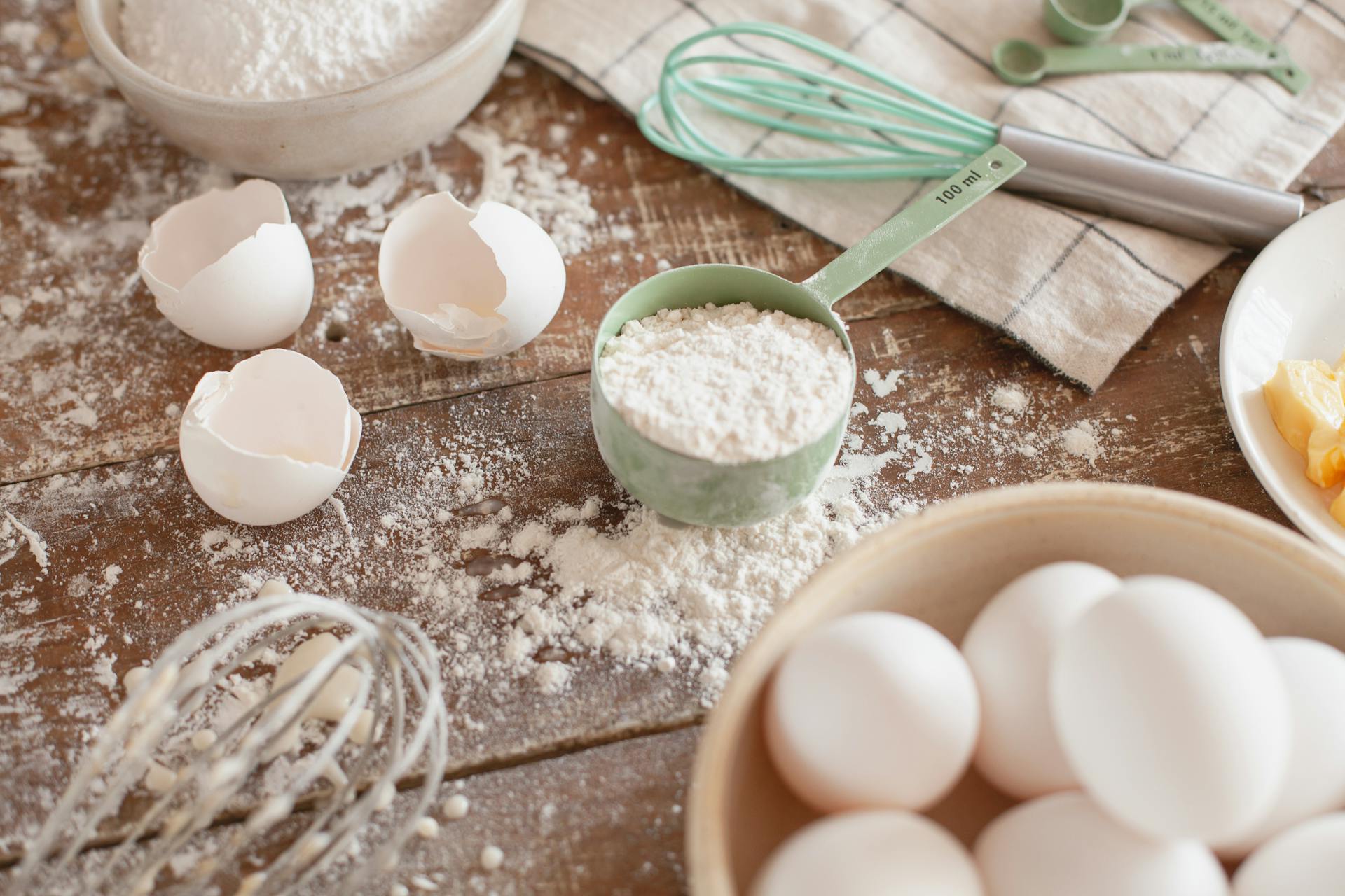 Baking ingredients on wooden table