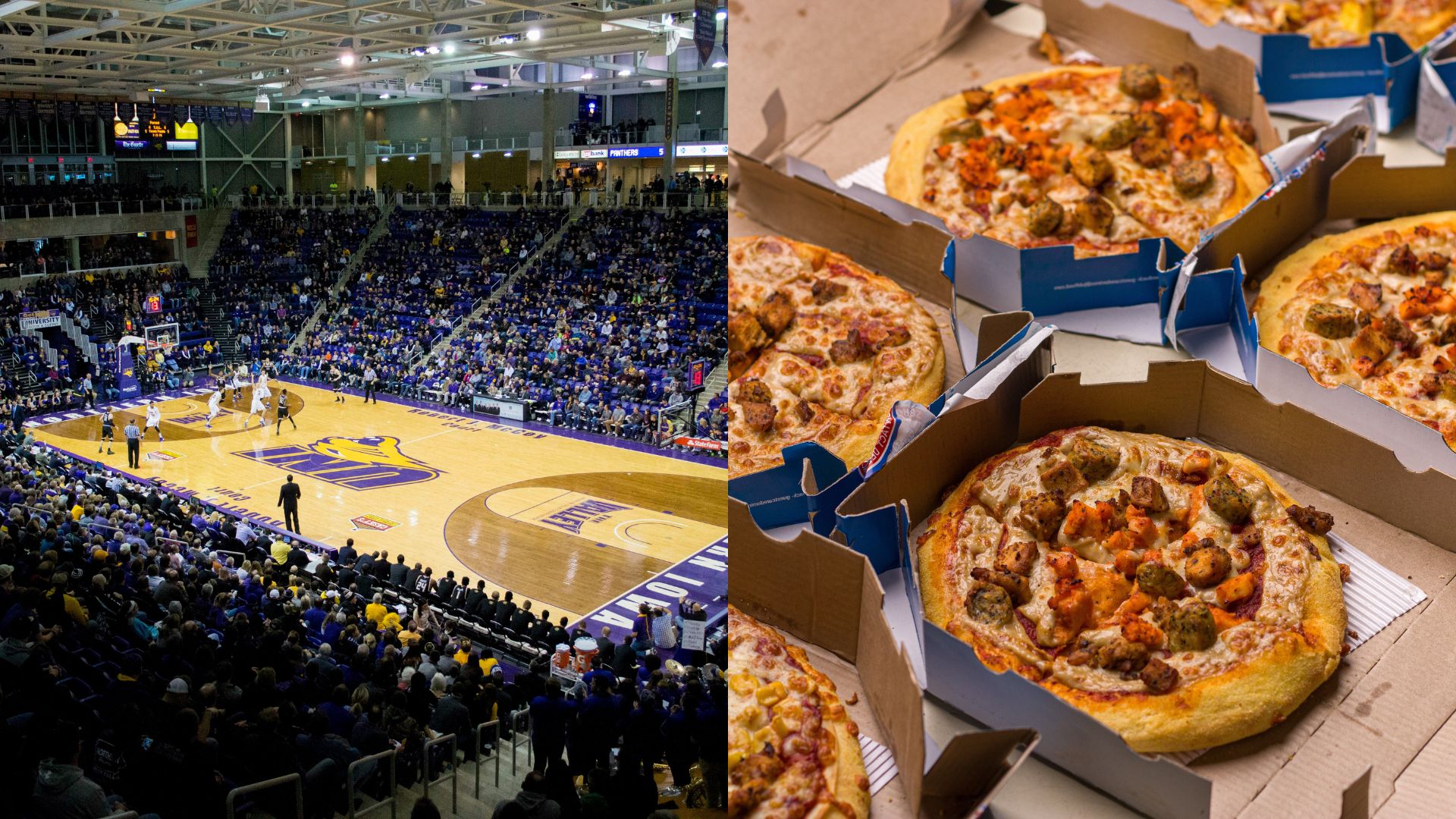 Split image showing a crowded college basketball arena during a game beside several Domino’s pizzas in open delivery boxes on a table