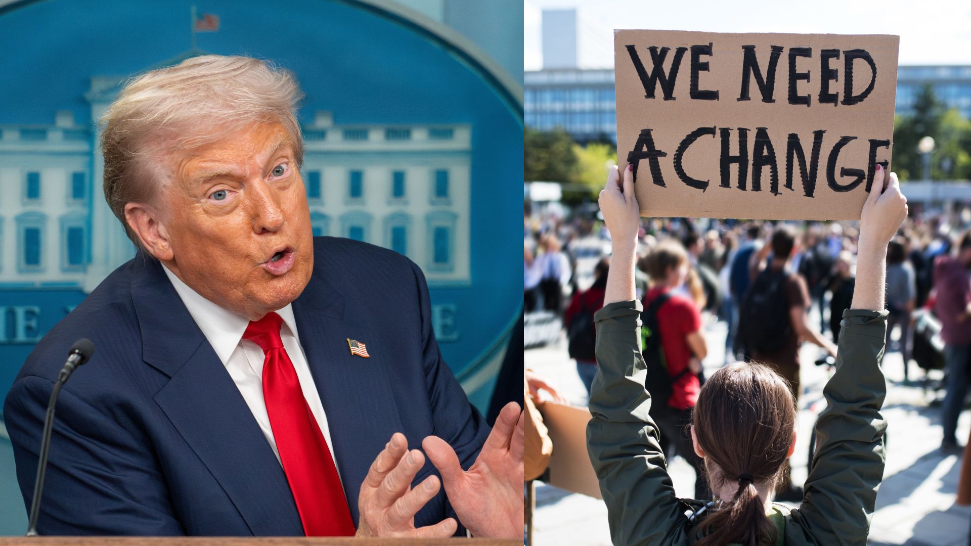 Donald Trump speaking during a press briefing beside an image of a protester