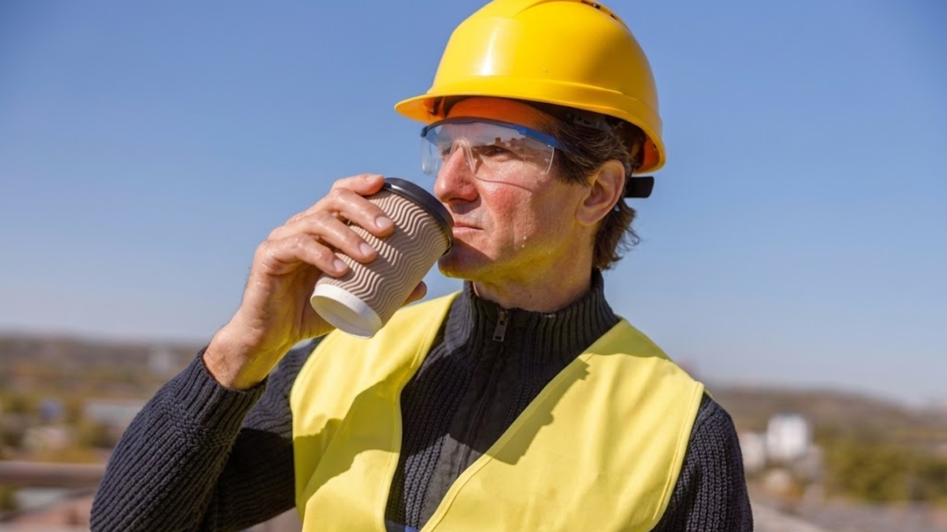 A construction worker in a yellow hard hat and safety vest drinks from a coffee cup while working outdoors on a bright, sunny day.