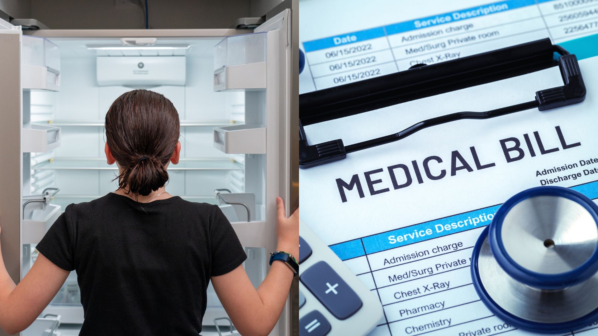 Woman looking into an empty refrigerator beside a close-up of a medical bill with a stethoscope.