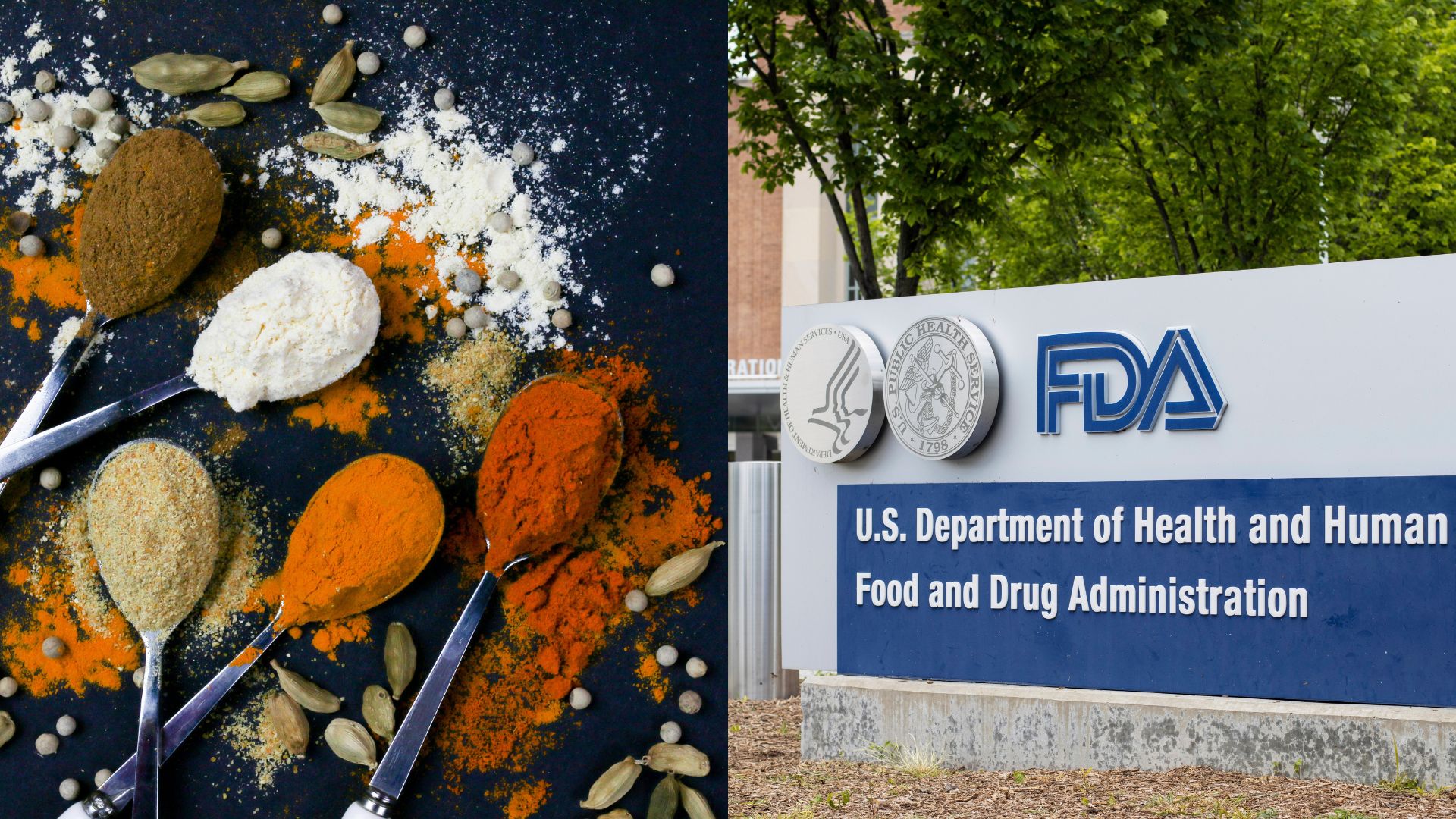 Assorted spices and powders on spoons beside a U.S. Food and Drug Administration sign outside headquarters.