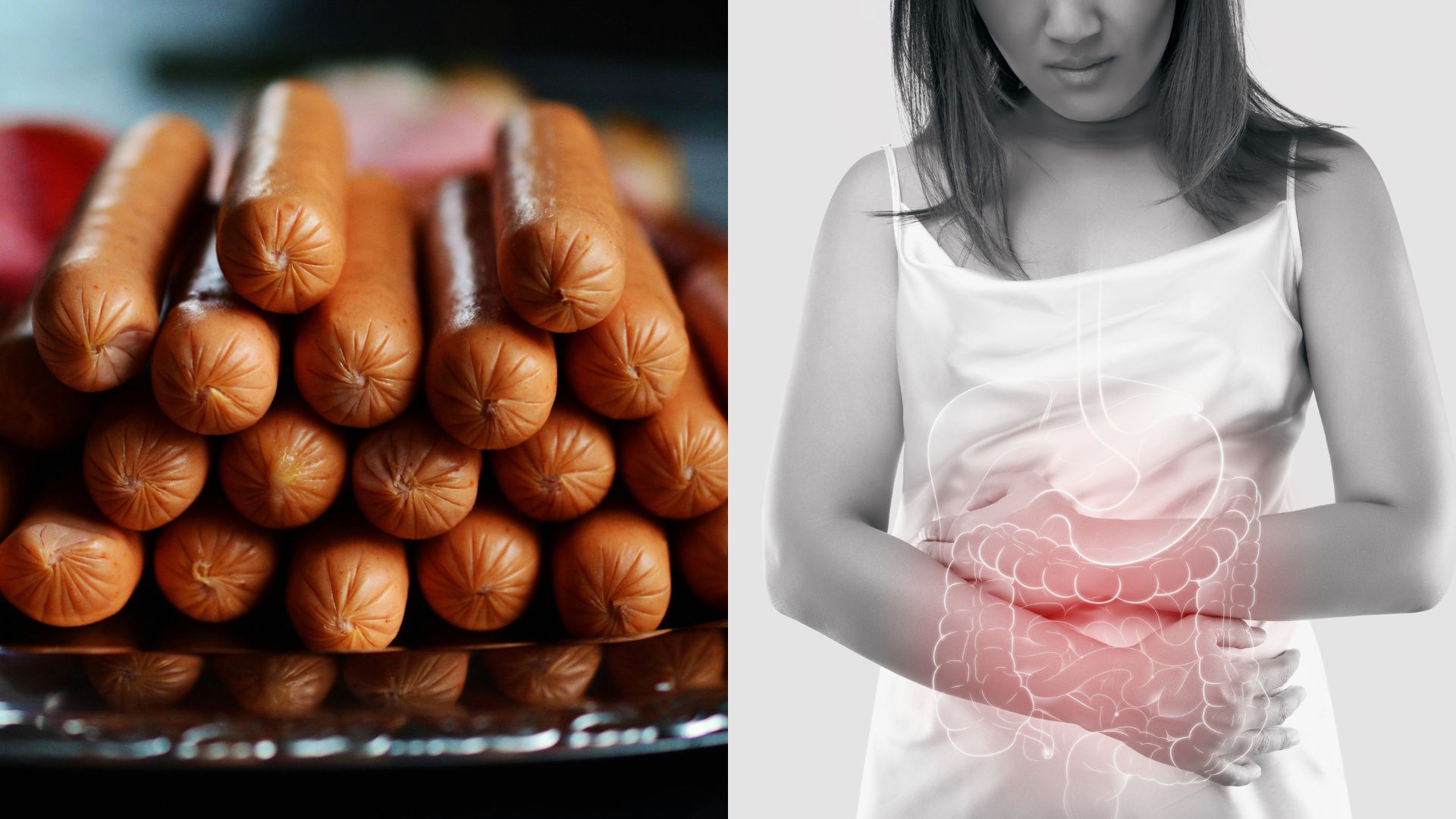 Plate of hot dogs paired with a medical illustration highlighting the colon inside a woman’s abdomen