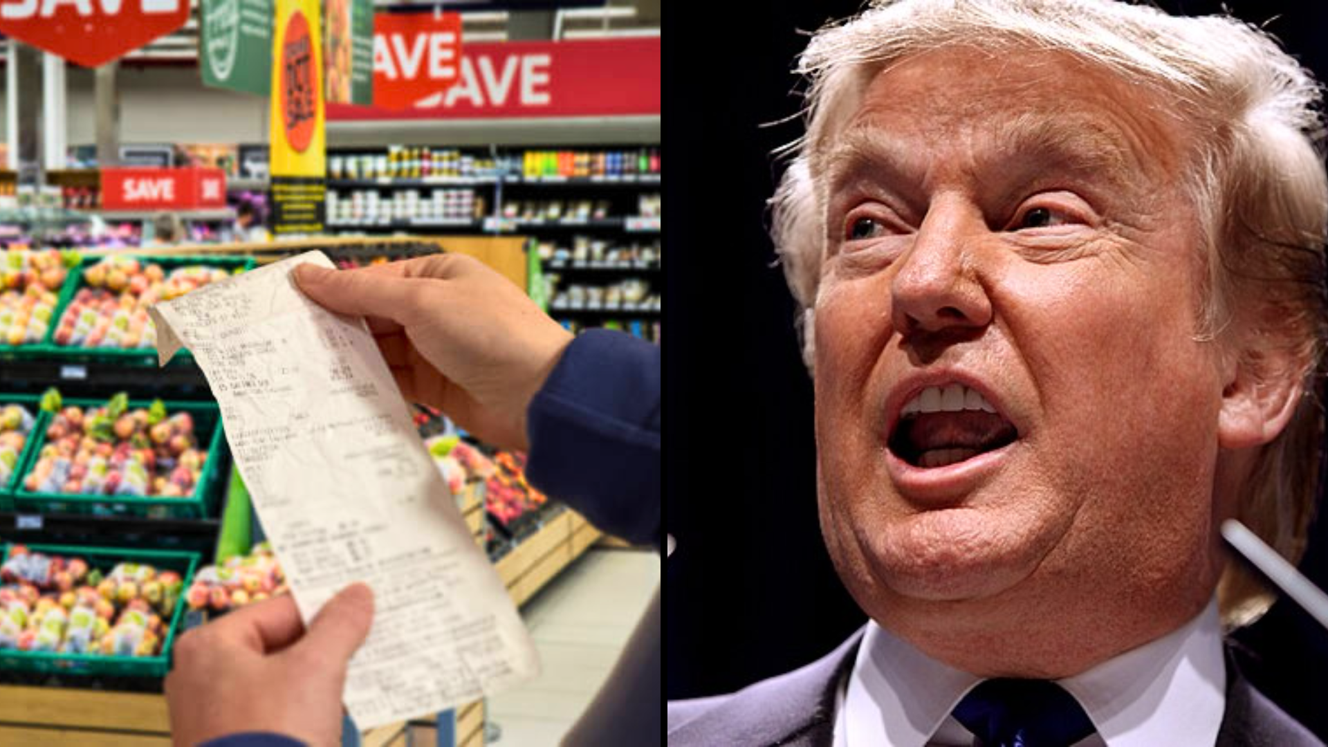 Composite image showing a person holding a grocery receipt in a supermarket next to a portrait of Donald Trump.
