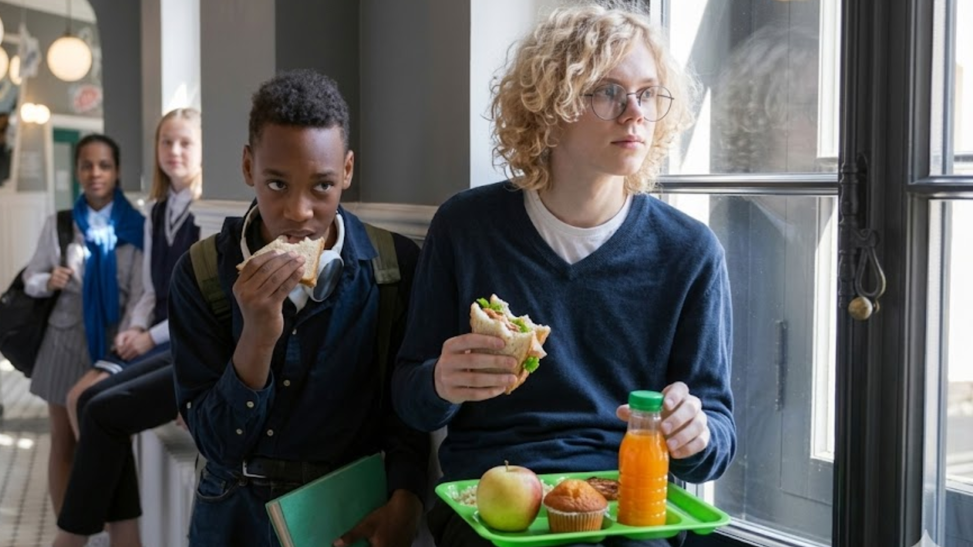 Two students in a school hallway eat sandwiches and fruit; one student holds a green tray with a muffin and orange juice while leaning against a window.