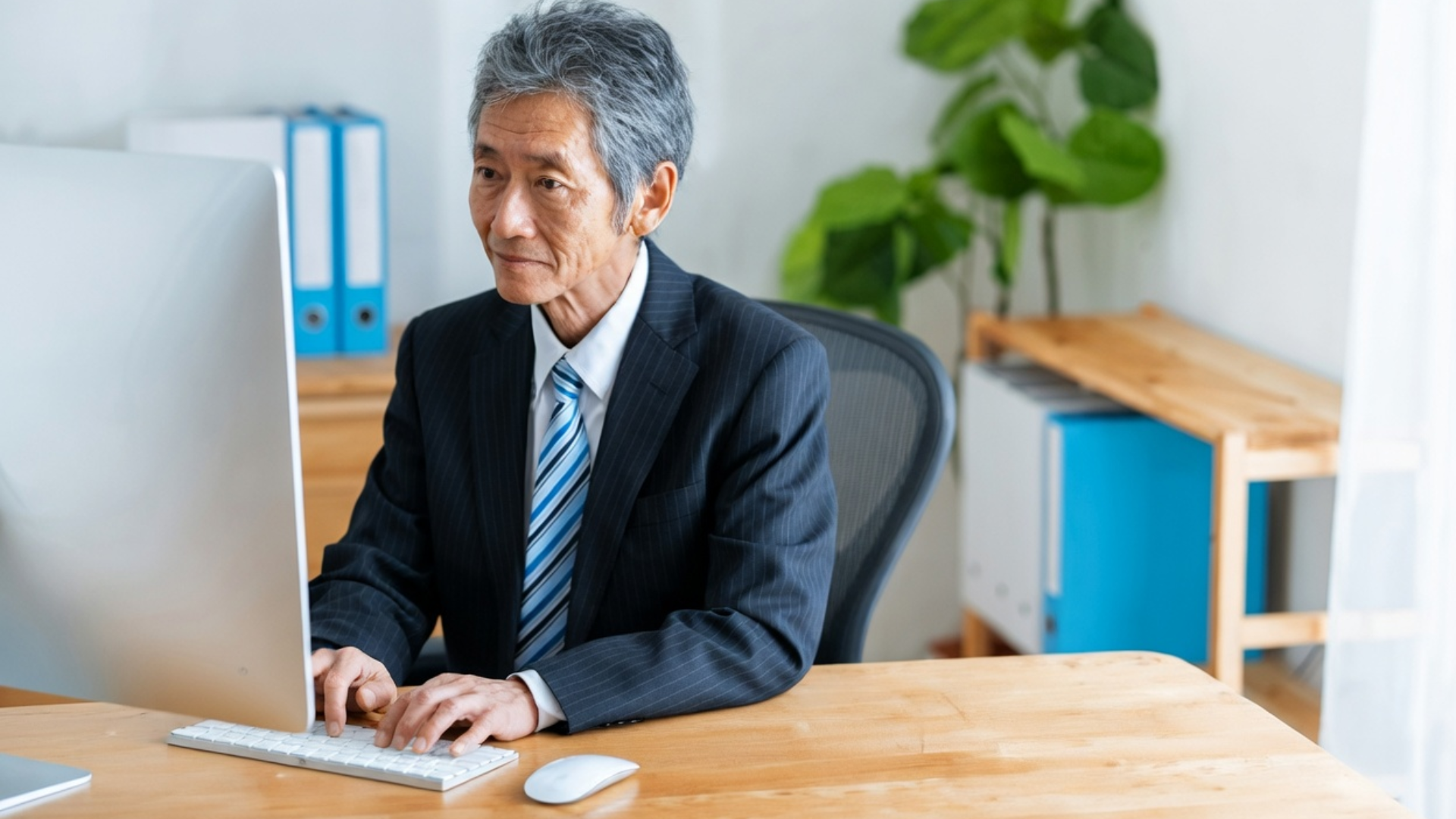 An elderly Japanese man in a dark suit and blue striped tie sitting at a wooden desk and focused on his computer monitor in a bright office.