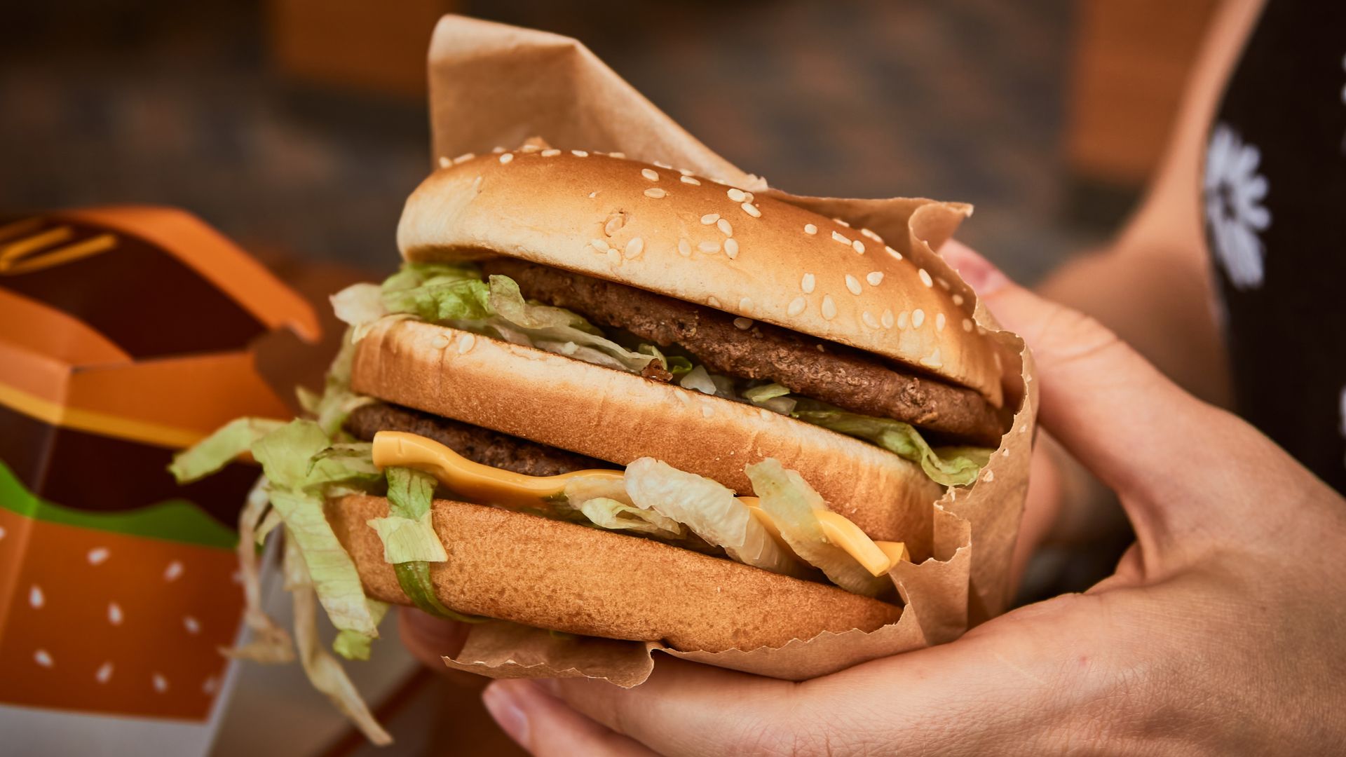 Hand holding a McDonald’s Big Mac burger wrapped in paper.