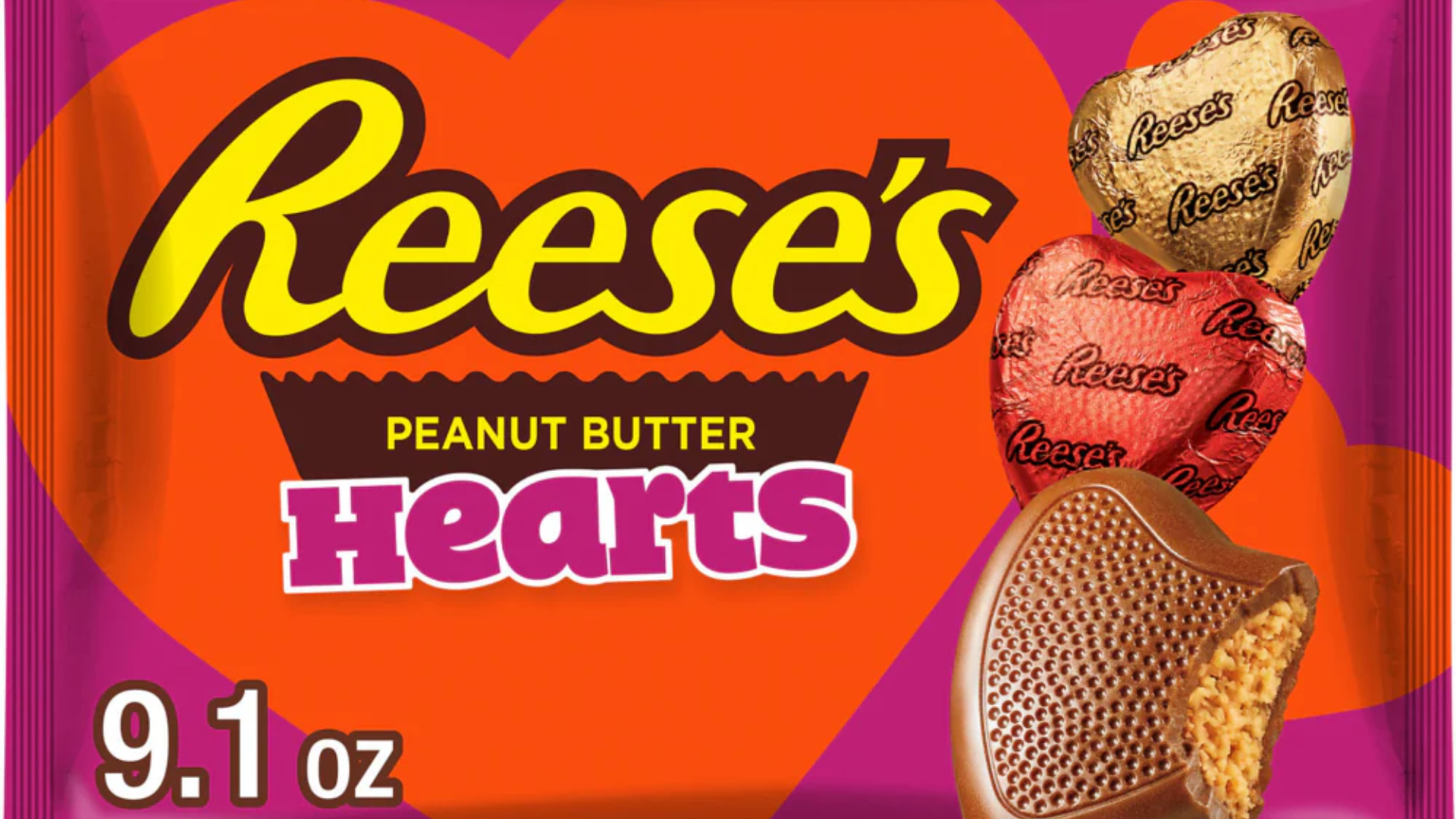 Reese’s Peanut Butter Hearts candy box with heart-shaped chocolates displayed.