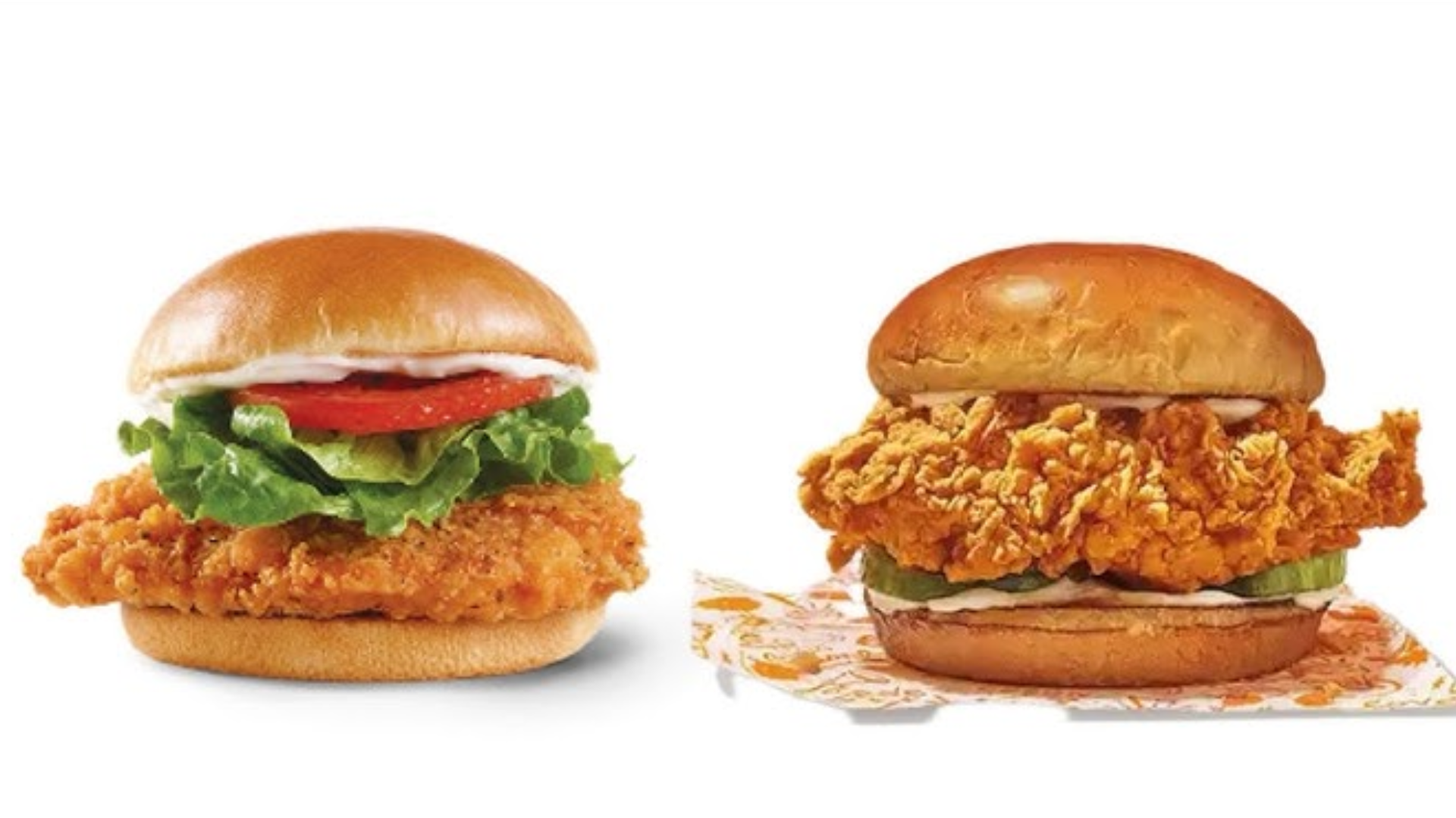 A side-by-side comparison of two fried chicken sandwiches.