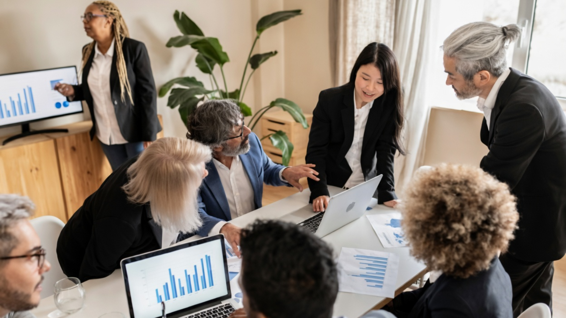 A diverse group of professionals in a modern office gathered around a laptop and several printed bar charts, engaged in a collaborative business meeting.