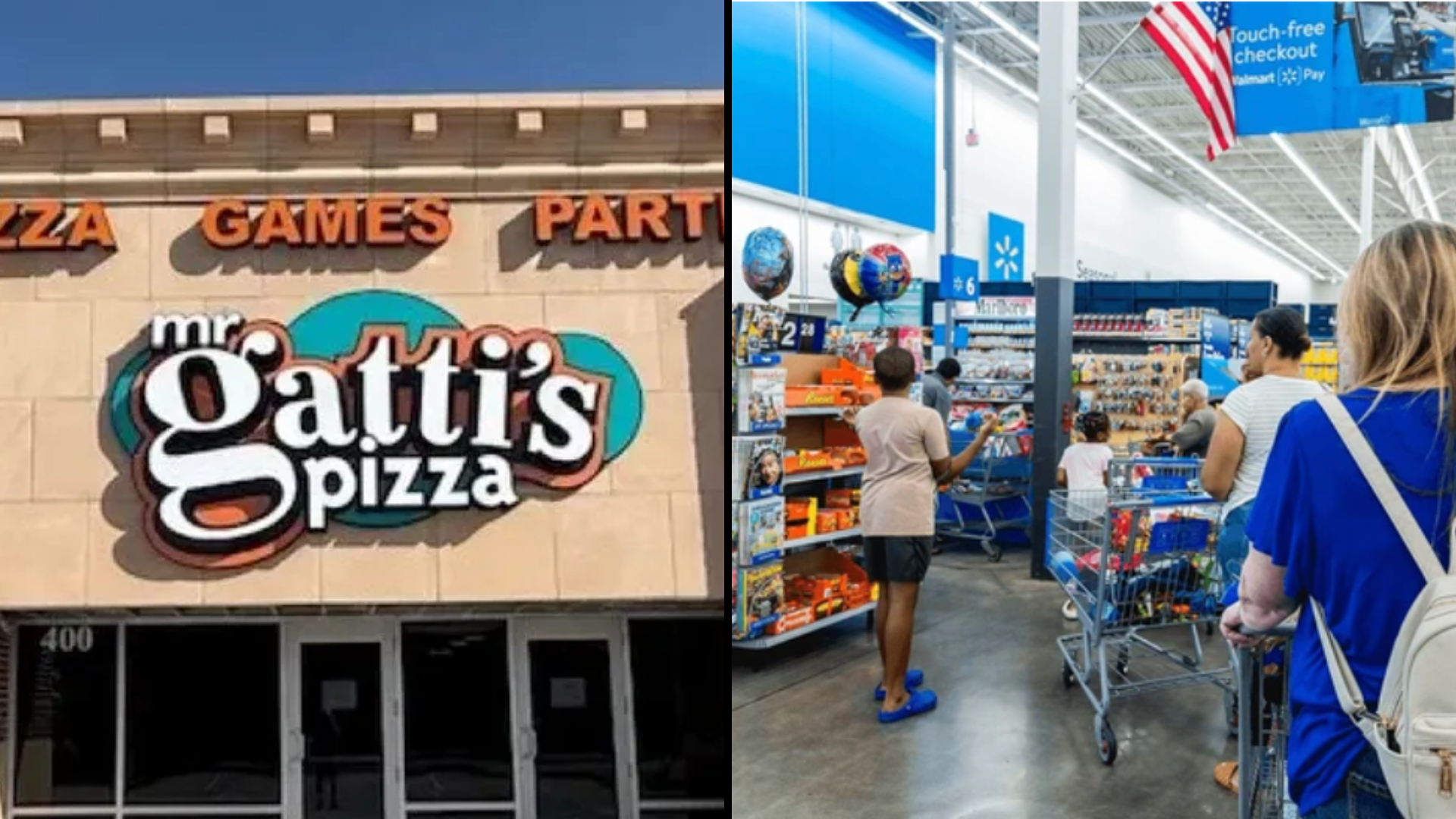 Split screen showing a Mr. Gatti's Pizza storefront and customers waiting in a checkout line inside a Walmart store.