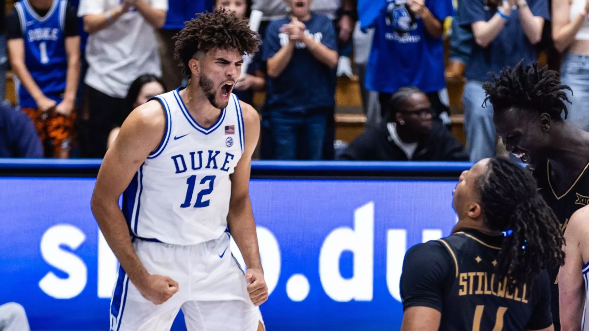 Duke basketball player Cameron Boozer celebrating during a college basketball game