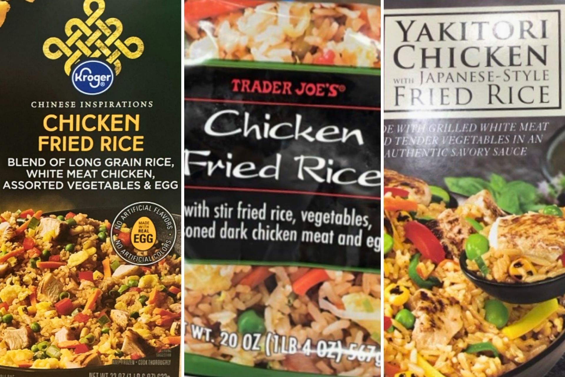 Packages of Kroger, Trader Joe’s, and Yakitori chicken fried rice products shown in an FDA recall notice.