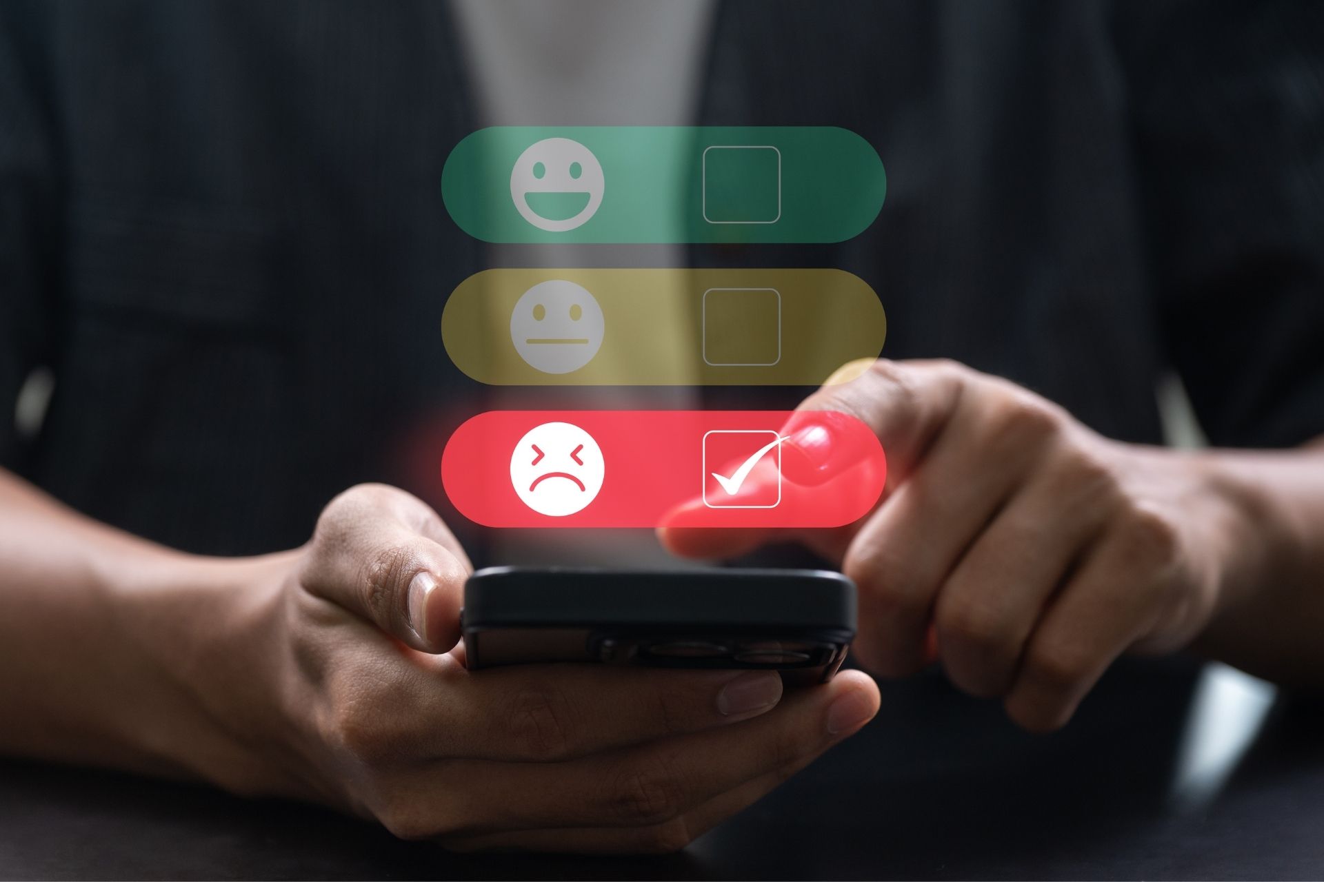 Person selecting a negative feedback option on a smartphone satisfaction rating interface.